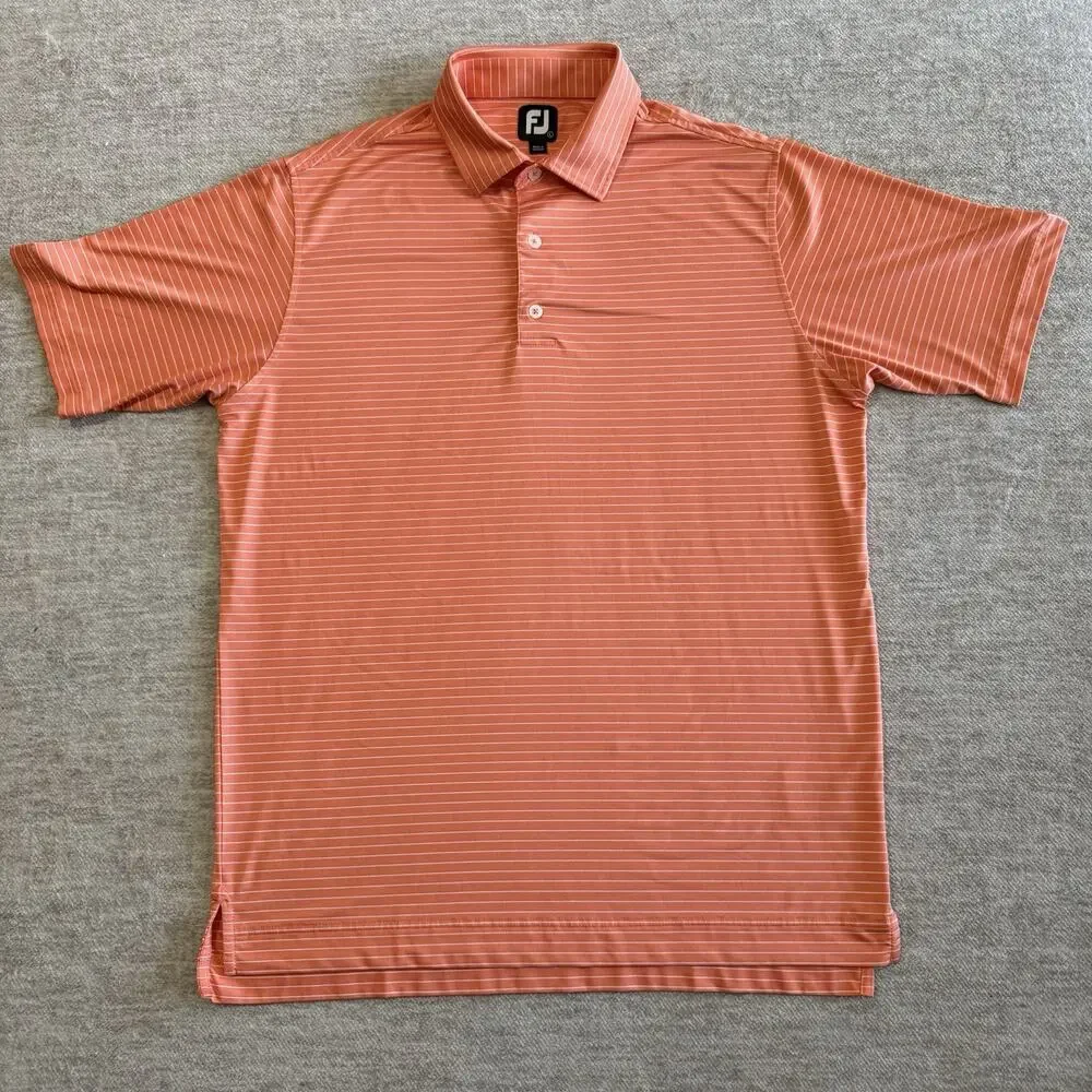 FootJoy Mens L Golf Polo Shirt Performance Orange Ivory Stripe Short Sleeve - Picture 2 of 5